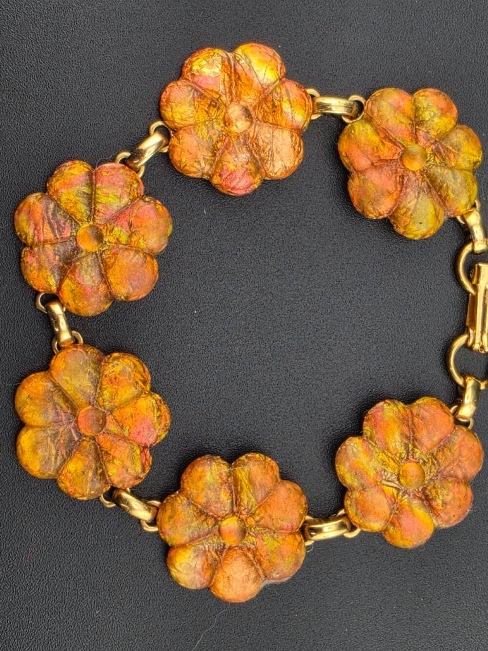 Chunky Copper & Gold Colored Lucite Resin Flower 8" Bracelet